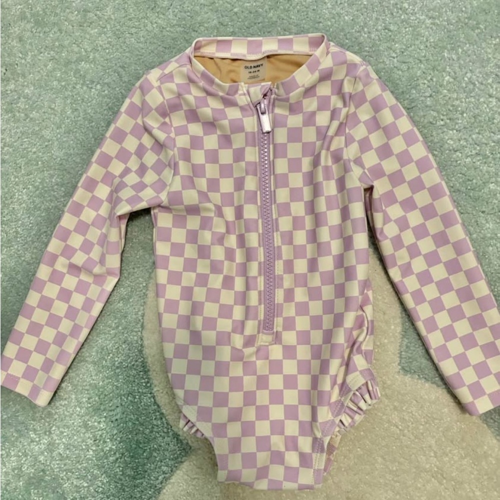 Purple Checkered Long Sleeve Swimsuit